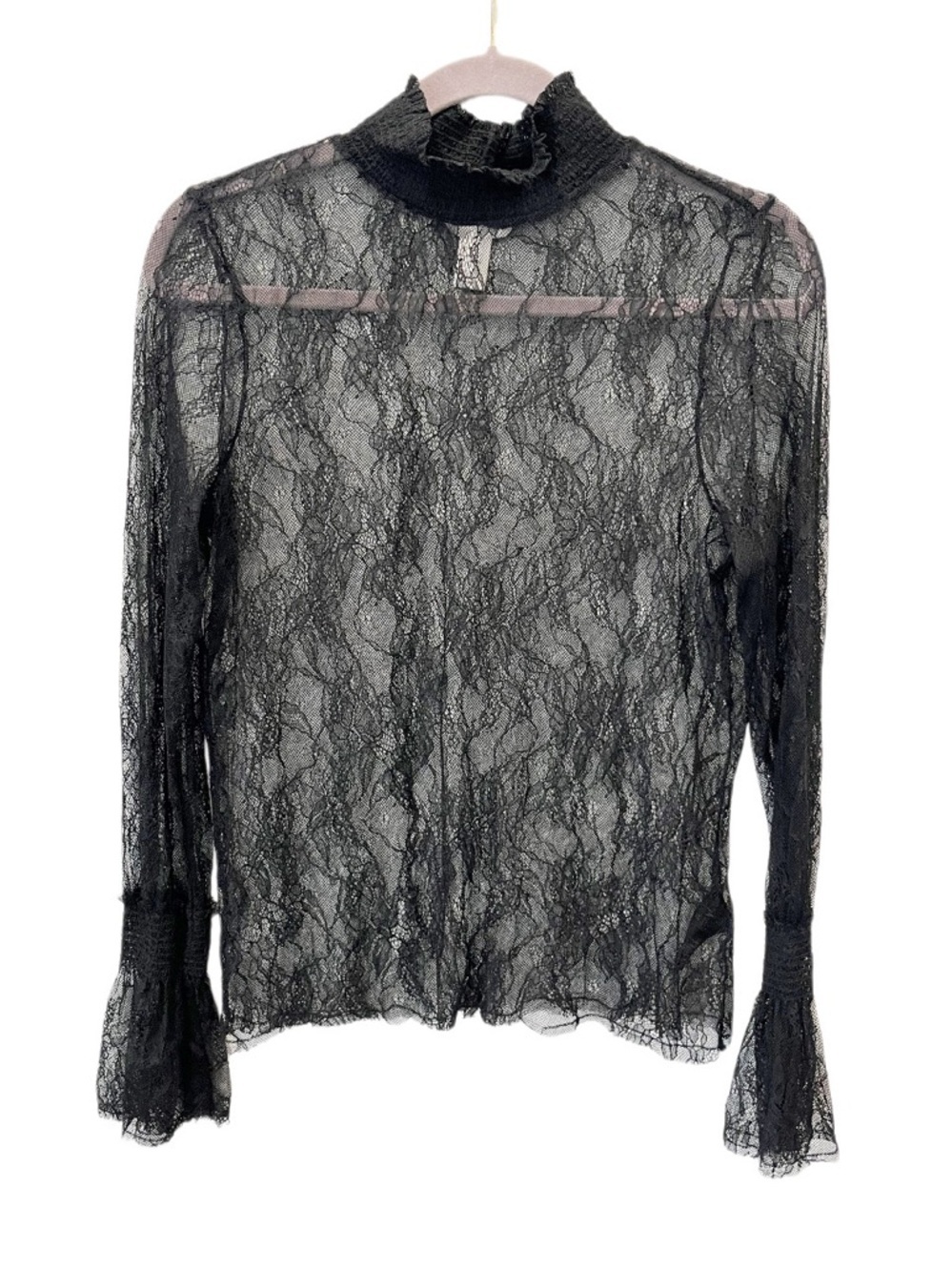 Sheer Black Lace Blouse Women's Medium H&M Mock Neck Bell Sleeve‎ Whimsigoth Y2K